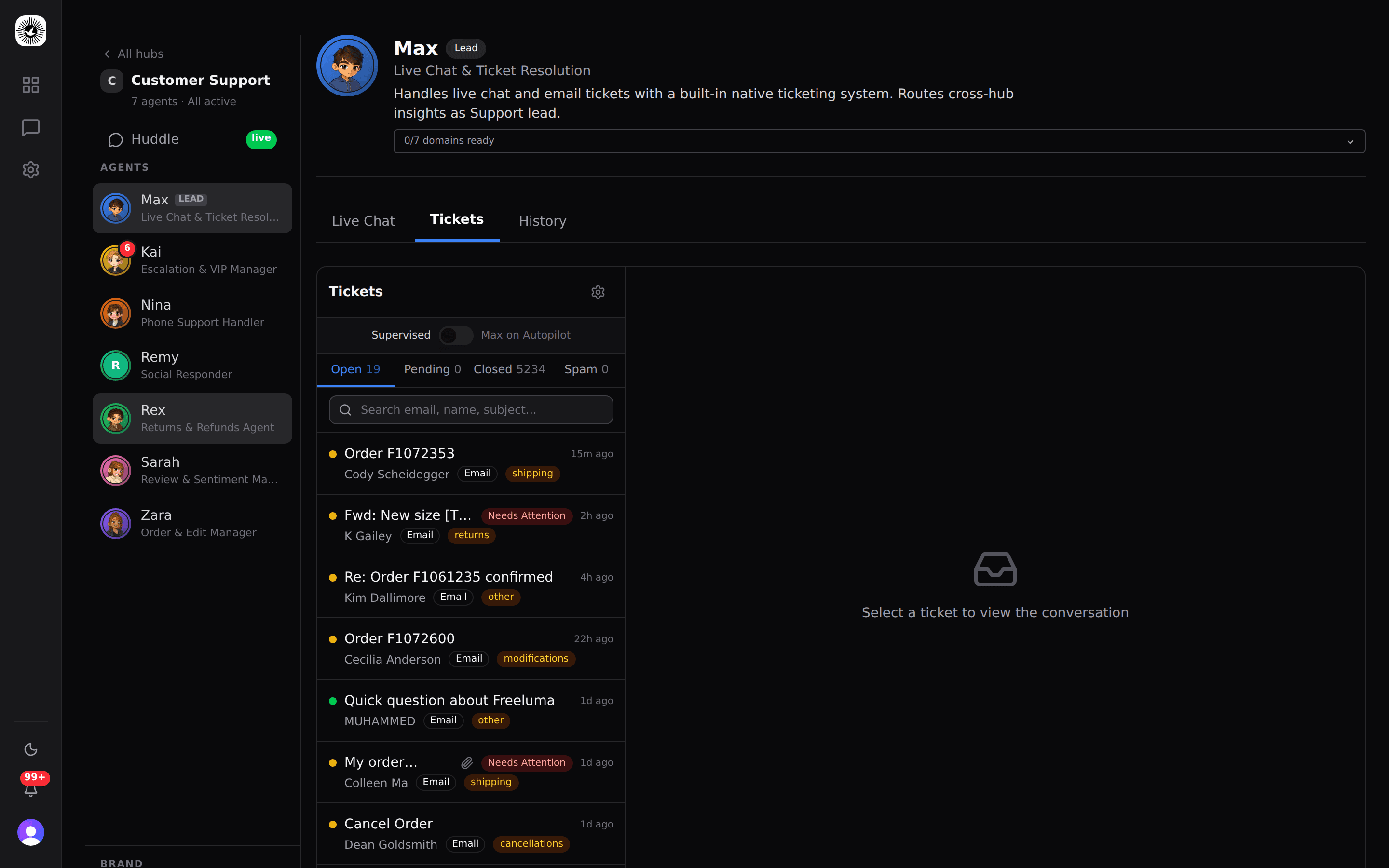 Max Support Agent showing live ticket queue with AI-drafted responses and SOP compliance