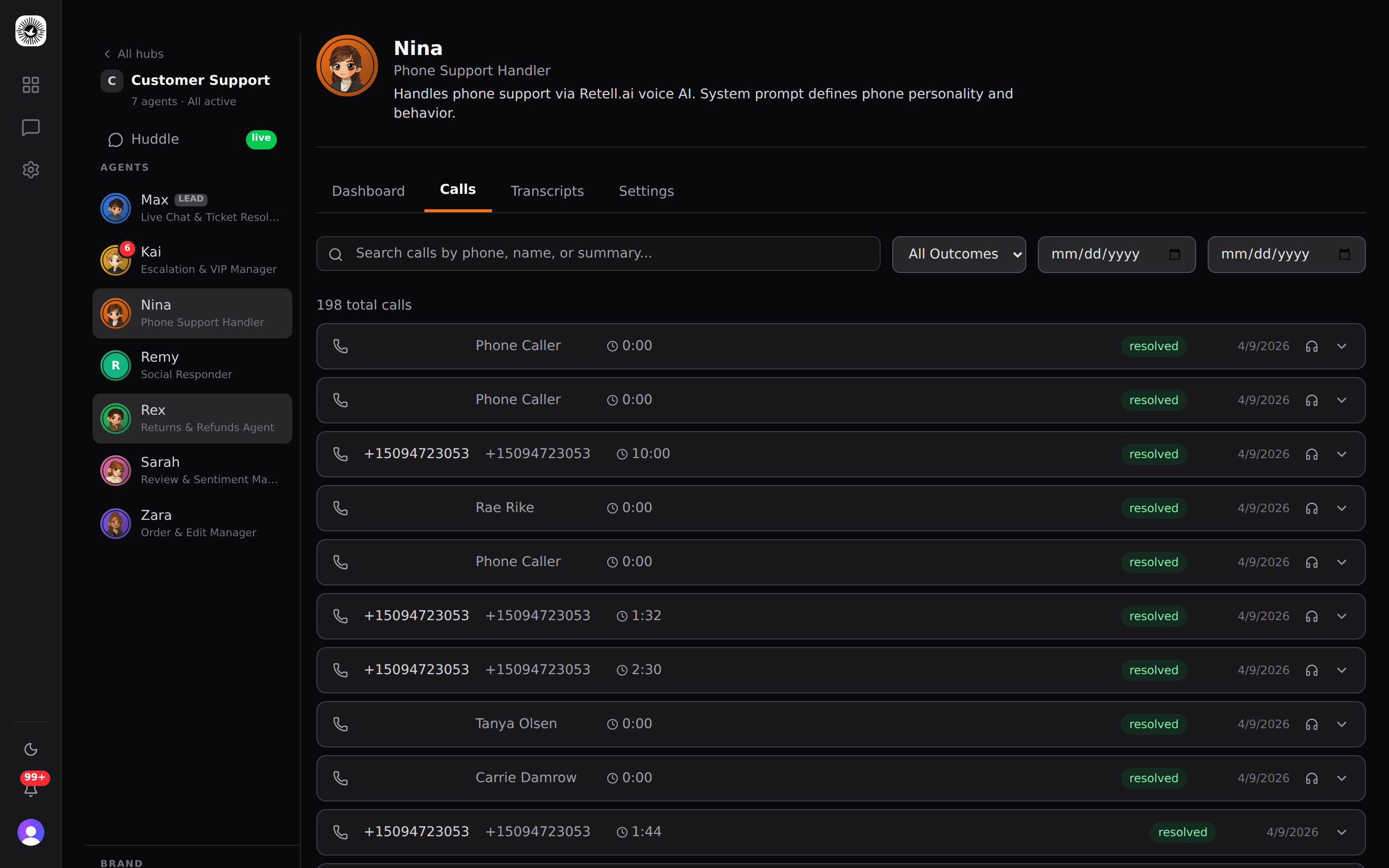 Nina Phone AI showing AI-powered voice call handling with tool execution