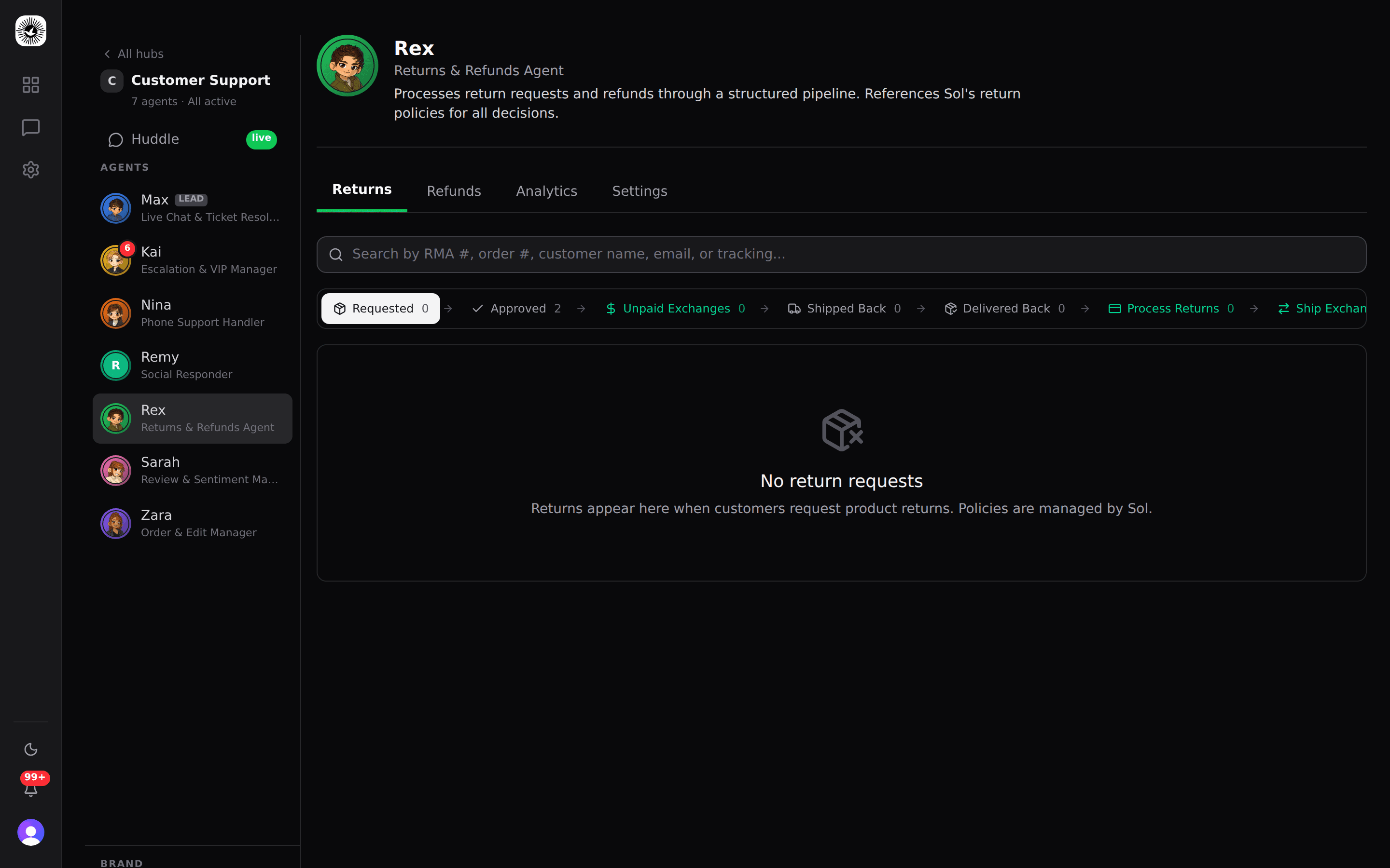 Rex Returns Agent showing return pipeline with approval stages and shipping label generation