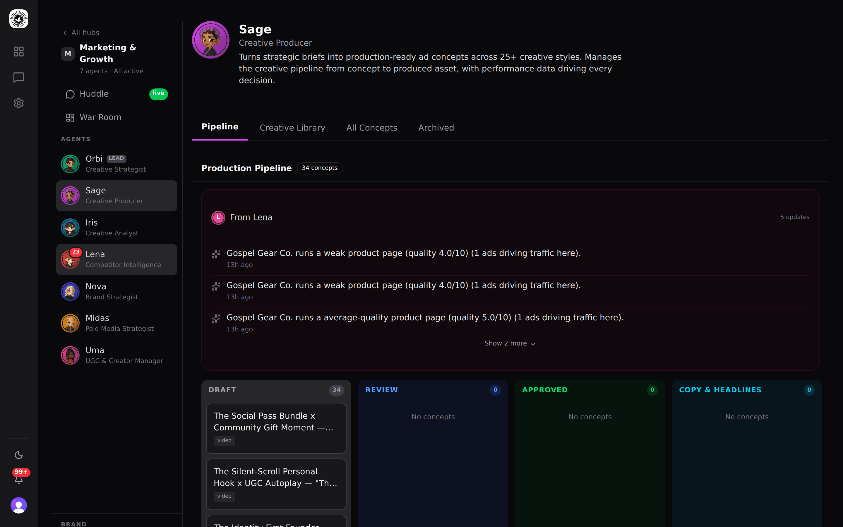 Sage Production Pipeline showing kanban board with concepts in Draft, Review, Approved, and Copy stages